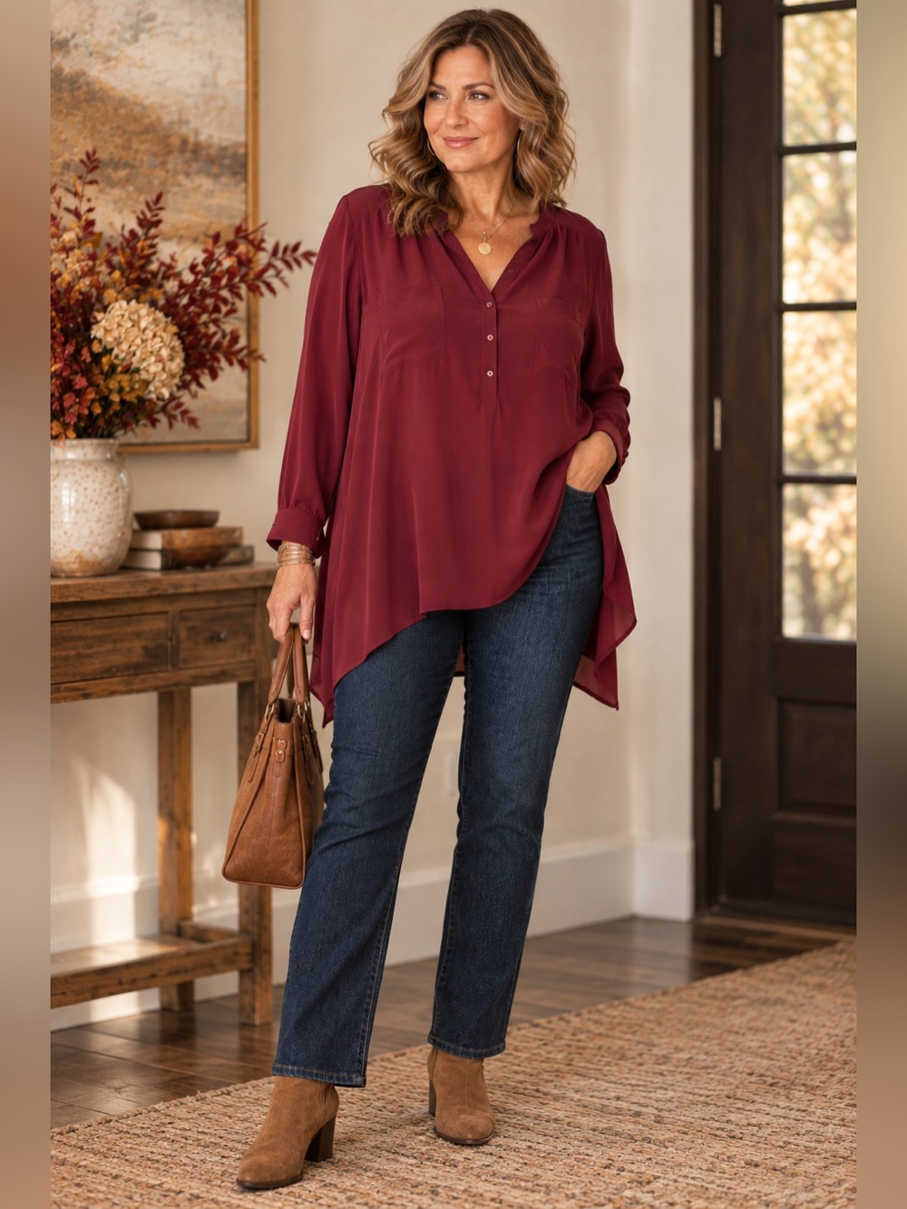 Eileen Fisher Silk Tunic Blouse XL Burgundy Wine Asymmetrical Hem Long Sleeve